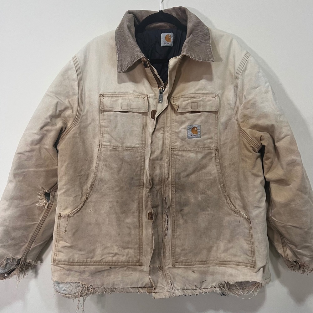 Vintage Carhartt Distressed Thrashed Quilted Work Jacket Tan Canvas Coat XL